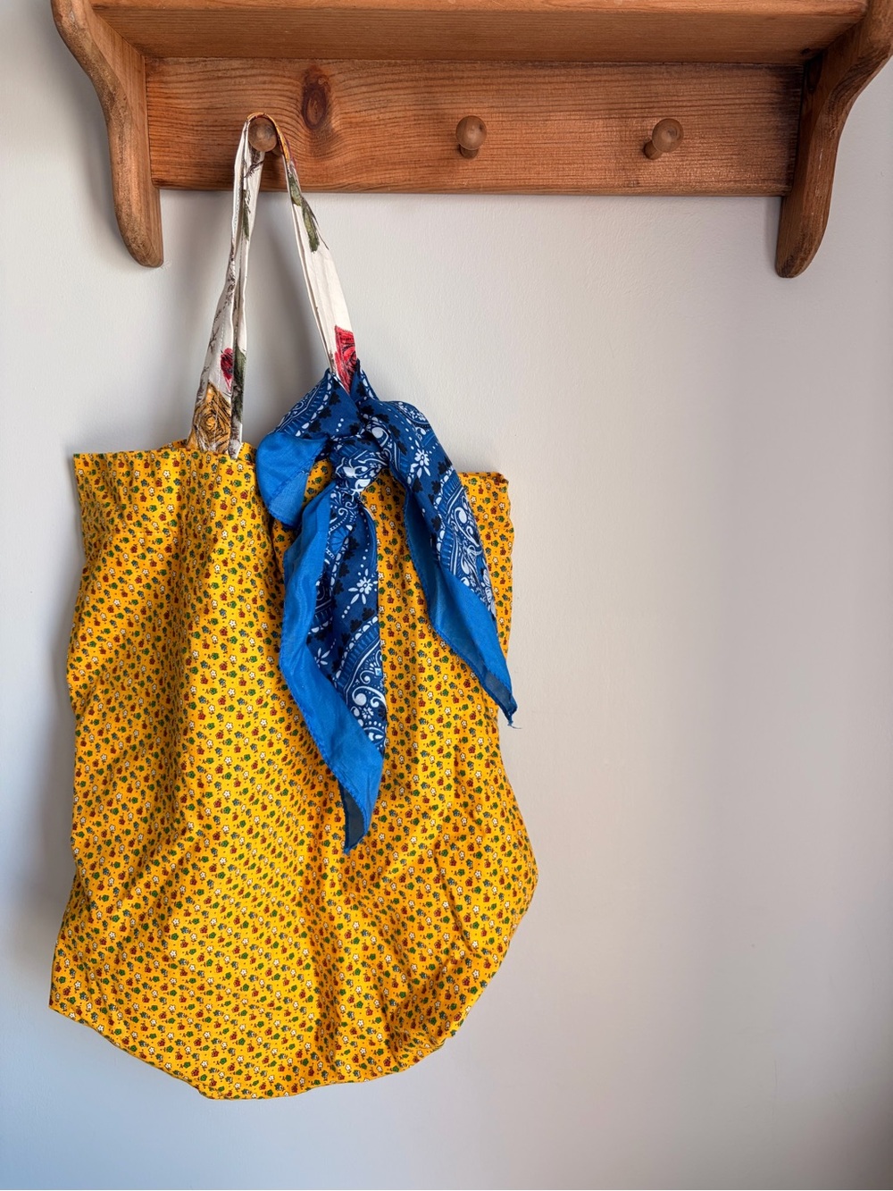 Large handmade yellow tote bag with blue bandana